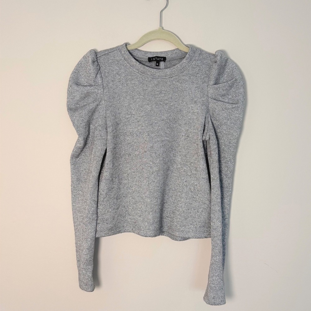 Women's 1.STATE Gray Shimmer Sweater Long Sleeve Puff Shoulders Size XS